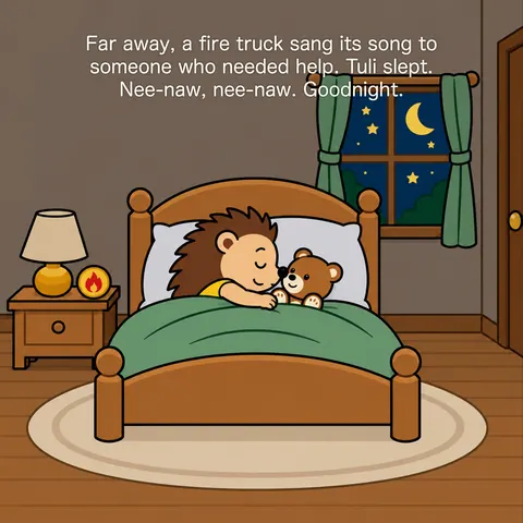 Far away, a fire truck sang its song to someone who needed help. Tuli slept. Nee-naw, nee-naw. Goodnight.