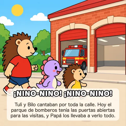 ¡NINO-NINO! ¡NINO-NINO! Tuli y Bilo cantaban por toda la calle. Hoy el parque de bomberos tenía las puertas abiertas para las visitas, y Papá los llevaba a verlo todo.