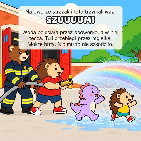 Na dworze strażak i tata trzymali wąż. SZUUUUM! Woda poleciała przez podwórko, a w niej tęcza. Tuli przebiegł przez mgiełkę. Mokre buty. Nic mu to nie szkodziło.