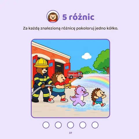 Znajdź różnice – Strona z książki „Tuli w remizie strażackiej”
